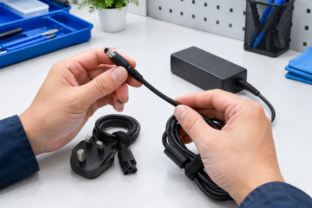 Close up of hands performing laptop charger troubleshooting by inspecting the cable and connector for physical damage.