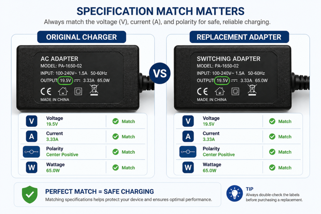A label comparison graphic explaining how to resolve voltage mismatch during laptop charger troubleshooting.