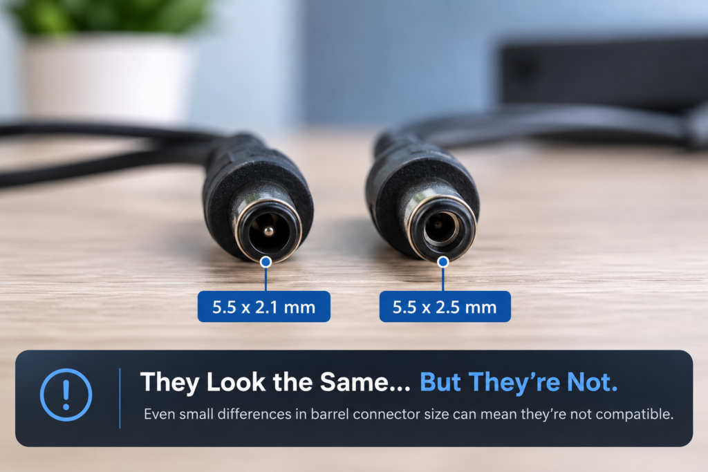 Close up of two similar barrel connectors causing a device to be not charging after changing adapter.