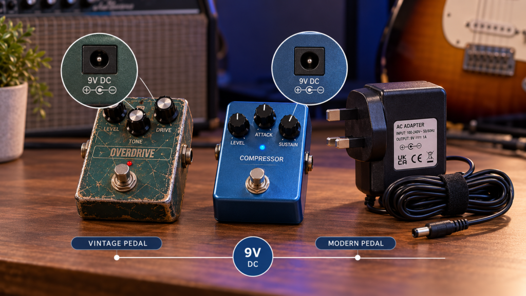 Classic and modern effects showcasing the industry standard 9v centre-negative guitar pedal power ecosystem.