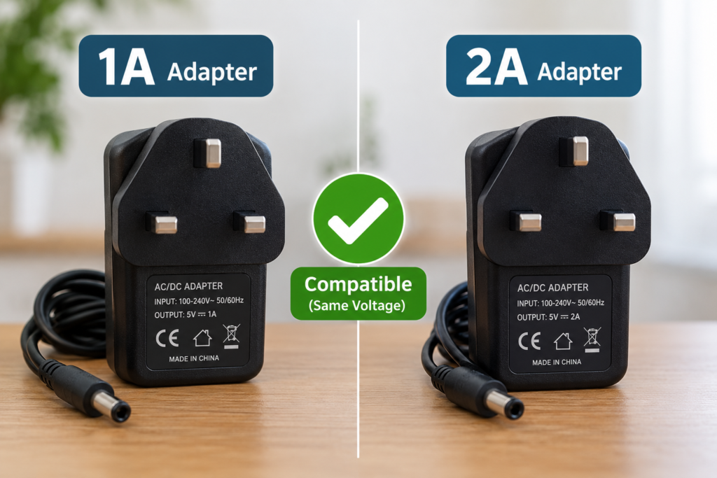 Compatibility and safety guide for swapping a 12V 1A vs 12V 2A CCTV Power Adapter.