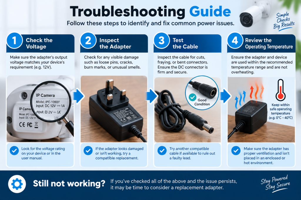A troubleshooting flowchart for diagnosing why a 12V CCTV camera keeps restarting.