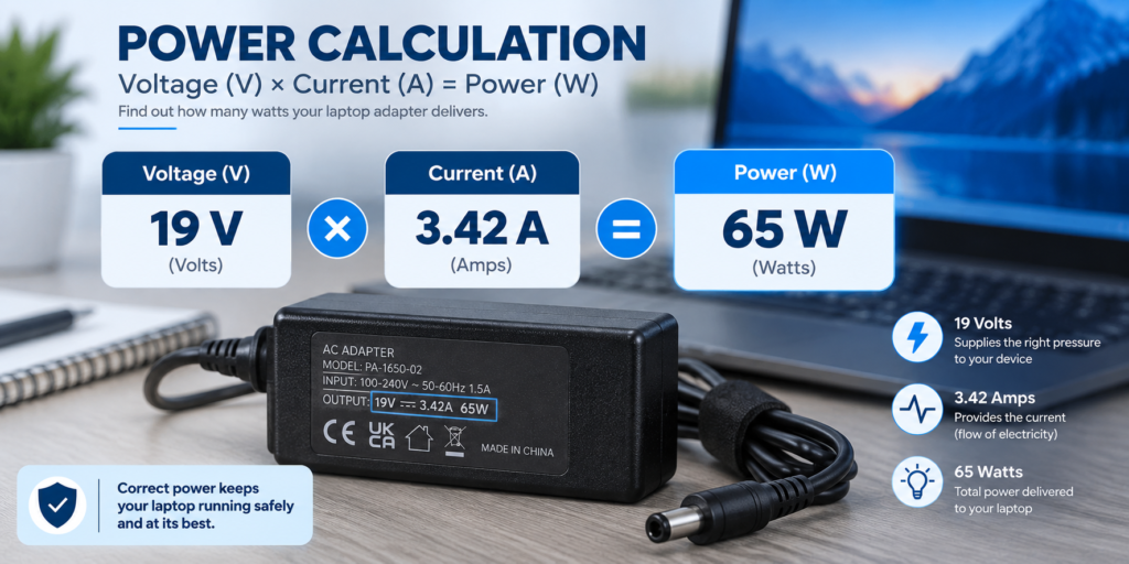 Wattage calculation formula for a 65W 19V replacement adapter.