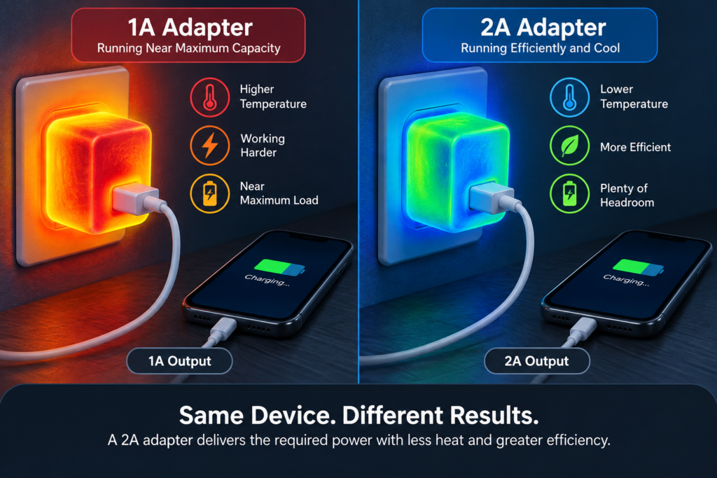 Heat comparison demonstrating the cooling benefits of a 24V 2A adapter instead of 24V 1A.