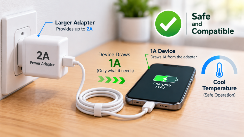 Diagram showing device safety when you use a 24V 2A adapter instead of 24V 1A.