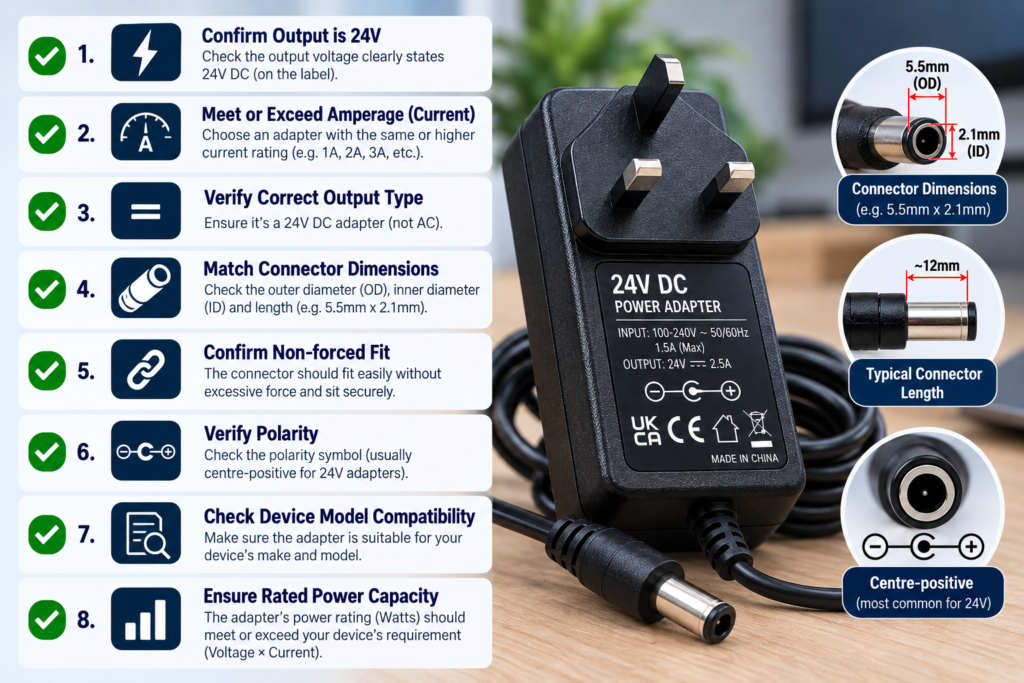 Checklists for purchasing a 24V power adapter, including voltage, amperage, connector fit, and polarity.