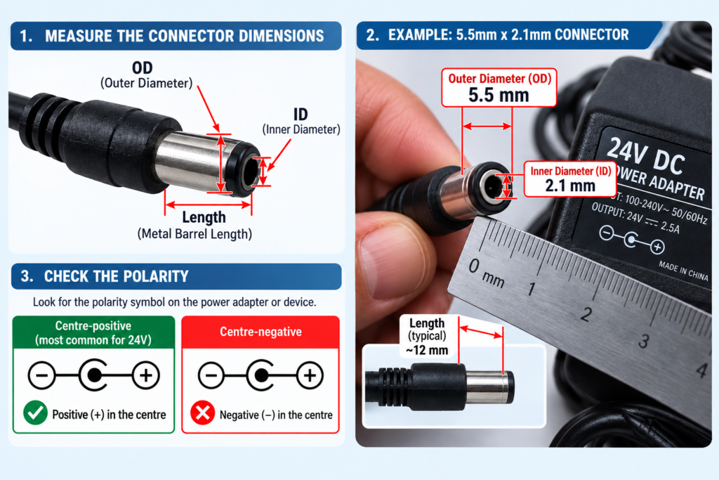 Technical diagram showing how to measure the DC plug dimensions and verify the polarity symbol on a 24V power adapter.
