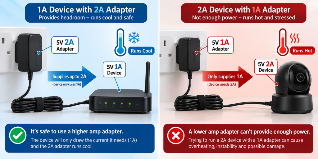 Diagram illustrating the safe amperage headroom rule for choosing a 5v replacement power adapter.