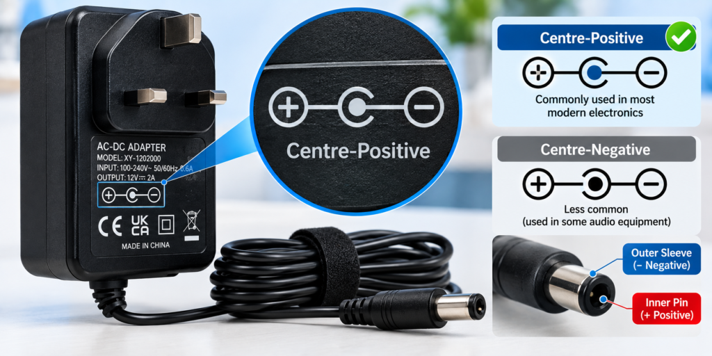 Understanding polarity symbols on a regulated 5v replacement power adapter.