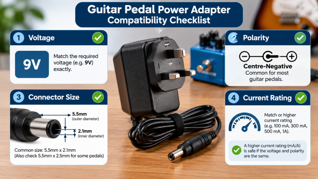 Checklist for buying the correct replacement power supply for a 9v centre-negative guitar pedal.