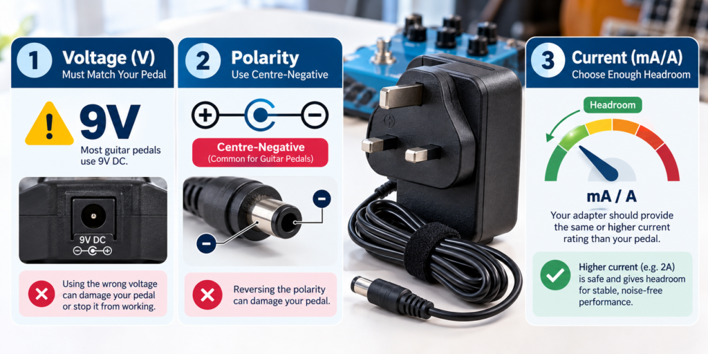 Infographic explaining the three essential specifications—voltage, polarity, and current—needed to choose a compatible guitar pedal power adapter.
