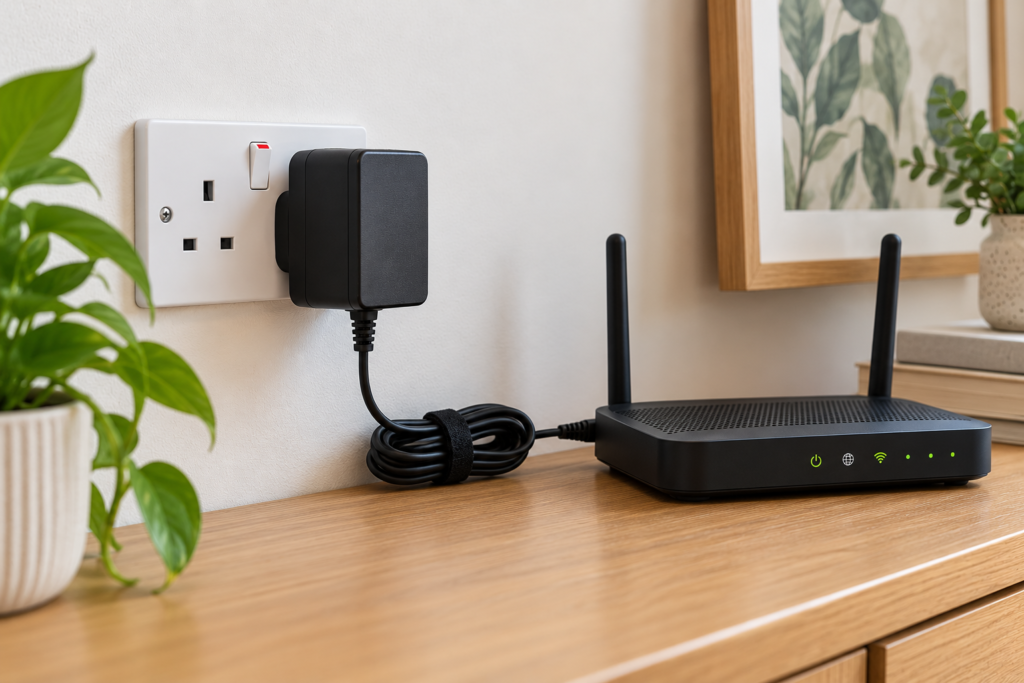 A well-ventilated UK wall plug setup demonstrating how to match a 24V power adapter to prevent thermal degradation.