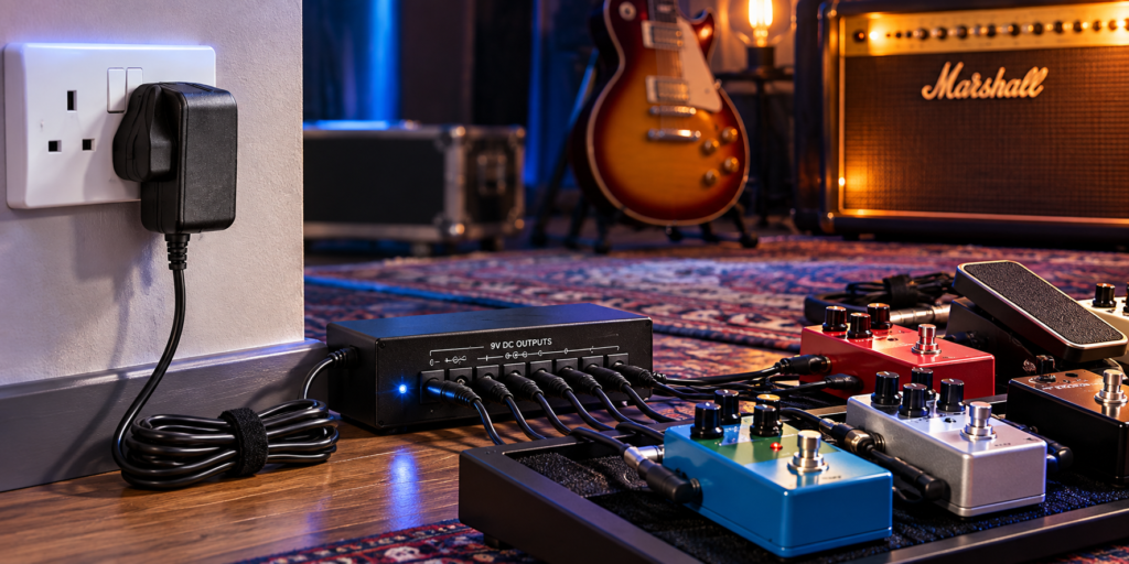 A high-quality regulated switching guitar pedal power adapter providing clean, noise-free electrical power to a professional pedalboard.